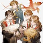  1girl 3boys animal animal_on_shoulder bird black_hair black_jacket blue_coat blue_eyes bowtruckle briefcase brown_hair brown_pants cat coat collared_shirt creator_connection crookshanks cupping_hands fantastic_beasts_and_where_to_find_them fawkes flying glasses green_eyes gryffindor hands_up harry_potter harry_potter_(series) hedwig hermione_granger highres hogwarts_school_uniform holding holding_animal hood hood_down hooded_jacket hufflepuff in_palm jacket light_brown_hair long_hair long_sleeves looking_at_animal looking_at_another looking_to_the_side mouse multiple_boys necktie newt_scamander niffler owl own_hands_together pants petting phoenix red_hair red_necktie ron_weasley round_eyewear scabbers scarf school_uniform shirt short_hair smile striped striped_scarf twitter_username white_background white_shirt yuji_(fantasia) 