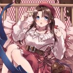  1girl bangs belt blue_eyes blush breasts brown_belt brown_hair candy chocolate food heart heart-shaped_chocolate highres hiiragi_mino large_breasts long_hair looking_at_viewer on_bed open_mouth original pillow pink_shirt red_headwear red_skirt ribbon shirt skirt twintails valentine 