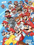  1boy bee_mario black_headwear black_overalls blue_eyes blue_headwear blue_overalls blue_shirt blue_sky brown_hair cape cat_mario cloud cloud_mario f.l.u.d.d. facial_hair fire fire_mario gloves hat highres ice_mario mario mario_(series) metal_mario mustache open_mouth overalls penguin_mario red_headwear red_overalls red_shirt rock_mario shirt short_hair sky spring_mario tanuki_mario teeth upper_teeth_only water white_gloves white_headwear white_shirt ya_mari_6363 yellow_cape 