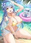  1girl 1other :3 :d =_= absurdres ahoge bare_shoulders barefoot beach bikini blue_hair braid branch breasts bubble cleavage collarbone criss-cross_halter flower hair_flower hair_ornament halterneck hat heart heart_ahoge highres hololive huge_breasts innertube long_hair looking_at_viewer micro_bikini open_mouth outdoors palm_tree pink_innertube pointy_ears seiza sitting smile snowflake_hair_ornament snowflake_print solo sunlight swimsuit teeth thighs tree uehiro upper_teeth_only very_long_hair virtual_youtuber water wet yellow_bikini yellow_eyes yukihana_lamy yukimin_(yukihana_lamy) 