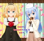  2girls angora_rabbit animal animal_on_head bangs black_dress black_ribbon blonde_hair blue_eyes blue_hair blush box brown_jacket brown_skirt chocolate closed_mouth commentary_request covered_mouth diagonal_stripes dress flying_sweatdrops gift gift_box gochuumon_wa_usagi_desu_ka? green_eyes hair_between_eyes hair_ornament hair_ribbon happy_valentine heart heart-shaped_box heart_background highres holding holding_gift jacket kafuu_chino kirima_syaro long_hair long_sleeves looking_at_viewer mitya multiple_girls nose_blush on_head open_clothes open_jacket pleated_skirt rabbit redrawn ribbon shirt skirt sleeveless sleeveless_dress sleeves_past_wrists striped striped_background tippy_(gochiusa) twitter_username valentine very_long_hair white_shirt x_hair_ornament 