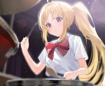  1girl ahoge aroa_(aroamoyasi) bangs blonde_hair bloom blue_skirt bocchi_the_rock! bow closed_mouth collared_shirt drum drum_set drumsticks holding holding_drumsticks ijichi_nijika instrument light_particles long_hair looking_to_the_side music parted_bangs playing_instrument red_bow red_eyes serious shirt shirt_tucked_in short_sleeves side_ponytail sidelocks sitting skirt sweat white_shirt 