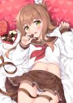  1girl anchor_symbol bangs bed_sheet blush box brown_eyes brown_hair brown_sailor_collar brown_skirt candy chocolate cowboy_shot folded_ponytail food hair_between_eyes heart heart-shaped_box heart-shaped_chocolate holding holding_chocolate holding_food inazuma_(kancolle) kantai_collection long_hair long_sleeves looking_at_viewer navel neckerchief open_mouth panties pleated_skirt red_neckerchief sailor_collar school_uniform serafuku skirt solo takoyaki_(takoyaki-batake) underwear valentine white_panties 