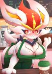  &lt;3 absurd_res anthro big_breasts blush breasts cinderace clothed clothing female generation_8_pokemon hi_res holidays looking_at_viewer nintendo omowazu pokemon pokemon_(species) red_eyes solo valentine&#039;s_day white_body 