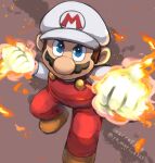  1boy blue_eyes boots brown_footwear brown_hair clenched_hands facial_hair fire fire_mario gloves hat looking_at_viewer mario mario_(series) overalls red_overalls shirt short_hair simple_background white_gloves white_headwear white_shirt ya_mari_6363 