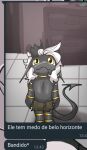  anthro armwear black_body black_horn black_scales clothing dragon gold_(metal) gold_jewelry hair hevinsane horn jewelry legwear lizard male neckwear portuguese_text reptile scales scalie solo soulsbenjor_(character) spade_tail text white_hair yellow_eyes 