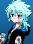  1girl beyblade black_jacket blue_hair closed_mouth drink energy_drink flat_chest hasama_hikaru highres jacket looking_at_viewer medium_hair metal_fight_beyblade open_clothes open_jacket purple_eyes solo spiked_hair tomboy upper_body 