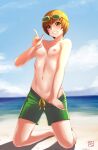  1girl blue_sky breasts brown_eyes clothes_pull cloud commentary english_commentary finalcake full_body goggles goggles_on_head grin groin highres horizon index_finger_raised kneeling male_swimwear nipples ocean orange_hair persona persona_4 satonaka_chie shadow short_hair shorts shorts_pull signature sky small_breasts smile solo swim_trunks topless 