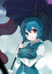  1girl aqua_hair aqua_skirt aqua_vest bangs blue_eyes breasts hair_between_eyes hashiro heterochromia highres holding juliet_sleeves karakasa_obake large_breasts long_sleeves looking_at_viewer open_mouth puffy_sleeves rain red_eyes shirt short_hair skirt solo tatara_kogasa touhou umbrella upper_body white_shirt 