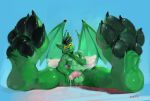  anthro balls black_hair black_pawpads blue_background bodily_fluids closed_smile dripping facial_hair facial_piercing feet foot_focus foot_tuft front_view fur genital_fluids genitals glistening glistening_eyes glistening_pawpads goatee green_balls green_body green_fur green_wings hair half-erect hand_on_chin hi_res looking_at_viewer male membrane_(anatomy) membranous_wings mouth_closed narrowed_eyes navel nose_piercing nose_ring nude oselotti pawpads penis piercing pillow pink_penis precum precum_drip ring_piercing septum_piercing septum_ring signature simple_background sitting solo tuft wing_claws wings yellow_eyes 