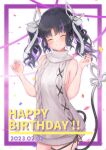  1girl 774_inc. absurdres aran_sweater bangs black_hair black_ribbon blush breasts cable_knit closed_eyes commentary_request confetti cowboy_shot dated demon_girl demon_horns demon_tail dress grey_sweater grin happy_birthday highres horns kojo_anna leg_ribbon long_hair medium_breasts meme_attire multicolored_hair official_alternate_costume pointy_ears purple_hair ribbed_sweater ribbon robou_no_stone sideboob smile solo sweater sweater_dress tail turtleneck turtleneck_sweater twintails two-tone_hair virgin_killer_sweater virtual_youtuber 