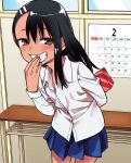  1girl 774_(nanashi) arm_behind_back black_hair blue_skirt box brown_eyes calendar_(object) commentary_request cowboy_shot dress_shirt gift gift_box grin hand_to_own_mouth ijiranaide_nagatoro-san incoming_gift indoors long_hair long_sleeves nagatoro_hayase official_art pleated_skirt school_uniform second-party_source shirt skirt smile solo tan untucked_shirt valentine 