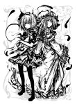  2girls acryl bangs closed_mouth expressionless frilled_kimono frilled_sleeves frills full_body ghost greyscale hair_between_eyes hair_over_one_eye hair_ribbon hairband hat highres japanese_clothes kimono konpaku_youmu konpaku_youmu_(ghost) long_sleeves looking_at_viewer medium_hair mob_cap monochrome multiple_girls pantyhose ribbon saigyouji_yuyuko shirt shoes short_hair short_sleeves skirt sleeve_garter smile standing touhou triangular_headpiece wide_sleeves 