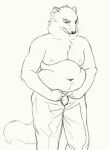  2019 anthro belly bottomwear cettus clothed clothing dressing fisher_(animal) front_view frown gulonine holding_object looking_down male mammal mustelid musteline overweight overweight_anthro overweight_male pants sketch solo tight_clothing tight_fit topless underwear 