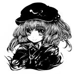 1girl acryl bangs closed_mouth collared_shirt commentary_request flat_cap greyscale hair_bobbles hair_ornament hat jewelry kawashiro_nitori key_necklace looking_at_viewer medium_hair monochrome necklace shirt simple_background smile solo touhou two_side_up upper_body 