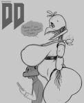  animatronic anthro avian bib big_breasts big_butt bird breasts butt chicken clothing dangodanger duo english_text female five_nights_at_freddy&#039;s five_nights_at_freddy&#039;s_2 galliform gallus_(genus) huge_breasts human larger_anthro larger_female machine male mammal mask monochrome non-mammal_breasts nude open_mouth phasianid question_mark robot scottgames shirt size_difference smaller_human smaller_male speech_bubble text thick_thighs topwear withered_chica_(fnaf) 