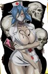  1girl blue_hair breasts candy chocolate choker cleavage english_commentary eyepatch food food_on_body gloves happy_valentine hat heart highres holding huge_breasts large_breasts looking_at_viewer makeup mask melting mouth_mask name_connection nurse nurse_cap octavius_(octavius_dp) red_eyes skull skullgirls solo surgical_mask thick_thighs thighs valentine valentine_(skullgirls) 