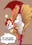  big_breasts big_butt black_tiara blush boots breasts butt clothing cocco disney dress eyelashes fangs female fire footwear hair hekapoo hi_res horn horned_humanoid humanoid humanoid_pointy_ears long_hair looking_at_viewer not_furry open_mouth orange_eyes pale_skin red_hair smile solo speech_bubble star_vs._the_forces_of_evil teeth unitard upskirt yellow_clothing yellow_dress yellow_sclera 