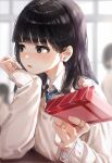  1girl bandaid bandaid_on_hand bangs black_hair blue_necktie blurry blurry_background blush brown_eyes brown_sweater collared_shirt commentary_request elbow_rest gift hair_behind_ear head_rest highres holding holding_gift incoming_gift kurokuro_illust long_sleeves looking_to_the_side medium_hair necktie open_mouth original school_uniform shirt solo_focus striped_necktie sweater upper_body valentine white_shirt 