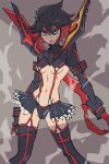  1girl black_hair boots breasts cowboy_shot grey_eyes highres holding holding_weapon kill_la_kill long_sleeves looking_at_viewer matoi_ryuuko microskirt multicolored_hair navel pleated_skirt potomithu red_hair revealing_clothes scissor_blade_(kill_la_kill) senketsu short_hair skirt solo standing stomach streaked_hair suspenders thigh_boots thighs tsurime two-tone_hair underboob v-shaped_eyebrows weapon 