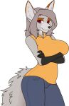  2018 alpha_channel anthro biped black_nose blue_bottomwear blue_clothing blue_pants bottomwear canid canine clothed clothing crossed_arms digital_media_(artwork) eyebrows female fully_clothed fur grey_body grey_fur grey_hair hair hi_res looking_at_viewer mammal orange_clothing orange_shirt orange_topwear pants portrait red_eyes shirt simple_background solo standing tail three-quarter_portrait topwear transparent_background zyira 