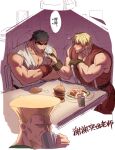  3boys anger_vein bara bare_arms bare_shoulders black_hair blonde_hair blush burger dougi drooling feeding food guile headband highres holding holding_spoon ken_masters looking_away male_focus multiple_boys muscular muscular_male pectoral_cleavage pectorals ryu_(street_fighter) short_hair spoon street_fighter translation_request yaoi yuiofire 