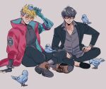  2boys bird black_footwear black_hair blonde_hair brown_footwear coat grey_background multiple_boys nekowosuu nicholas_d._wolfwood on_floor prosthesis prosthetic_arm red_coat simple_background sunglasses trigun trigun_stampede vash_the_stampede 