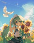  1girl absurdres bangs bird black_skirt blue_ribbon blue_sky camisole chinese_commentary commentary_request coumibuzzbuzz day dove field flower flower_field green_eyes green_hair grin hair_between_eyes hat hatsune_miku highres holding holding_flower light_particles outdoors pleated_skirt ribbon skirt sky smile solo sunflower vocaloid white_camisole white_headwear 