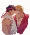  2boys bara bare_arms black_hair blonde_hair blush couple cropped_torso dougi from_side happy headband heads_together highres ken_masters male_focus multiple_boys muscular muscular_male pectoral_cleavage pectorals ryu_(street_fighter) short_hair smile street_fighter yaoi yuiofire 