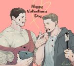  2boys apron artist_name bara black_hair bowl chocolate chocolate_on_face chris_redfield couple food food_on_face grey_jacket happy_valentine highres holding holding_bowl jacket kuconoms licking_another&#039;s_finger male_focus multiple_boys muscular muscular_male open_clothes open_jacket piers_nivans red_apron resident_evil resident_evil_6 shirt short_hair tongue tongue_out white_shirt yaoi 