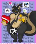  &lt;3 animal_print anthro belly big_belly big_bulge bisexual black_body blue_eyes box_of_chocolates bulge candy character_cipher chocolate clothing cow_print cowprintsoda dessert egg facial_piercing female female_symbol food gender_symbol generation_3_pokemon gesture gold_(metal) gold_tooth hi_res jockstrap looking_at_viewer male male_symbol mature_male navel nintendo nipples nose_piercing nose_ring outie_navel overweight overweight_male piercing pierre_(cowprintsoda) pointing pointing_at_viewer pokemon pokemon_(species) remake ring_piercing solo symbol text thick_thighs translated underwear unown_text zangoose 