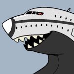  1:1 aircraft ambiguous_gender black_body blue_background door imperatorcaesar living_machine looking_at_viewer low_res machine open_mouth red_eyes sharp_teeth simple_background solo teeth white_body window 