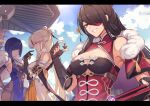  3girls bangs bare_shoulders beidou_(genshin_impact) black_gloves black_hair blue_hair blue_sky breasts cleavage commentary_request diagonal_bangs elbow_gloves eyepatch fingerless_gloves genshin_impact gloves green_eyes hair_ornament hair_stick highres large_breasts long_hair looking_at_viewer multiple_girls ningguang_(genshin_impact) one_eye_covered outdoors parted_lips pnatsu red_eyes sky smile teeth vision_(genshin_impact) white_hair yelan_(genshin_impact) 