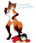  anthro blue_eyes blue_hair brown_hair clothing duo female fox_hunting fur hair hi_res human laura_(twokinds) leg_markings male male/female mammal markings melee_weapon orange_body orange_fur socks_(marking) sword threat trace_legacy twokinds weapon webcomic white_body white_fur wolfie-pawz 