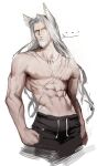  1boy abs arknights beard black_pants casual cropped_legs enn_matien facial_hair feather_hair frown hellagur_(arknights) highres jewelry long_hair looking_at_viewer male_focus mature_female mature_male navel necklace nipples pants scar scar_on_chest solo stomach toned toned_male tooth_necklace topless_male track_pants unfinished yellow_eyes 