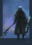  1other ambiguous_gender artist_name bloodborne boots cloak copyright_name facing_viewer full_body gloves helm helmet highres holding holding_cannon holding_polearm holding_weapon hood hood_up hooded_cloak multicolored_background polearm tripdancer weapon 