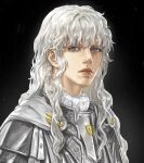  1boy armor bangs berserk blue_eyes cape closed_mouth griffith_(berserk) highres lips long_hair looking_at_viewer male_focus natsuhiro solo wavy_hair white_cape white_hair 