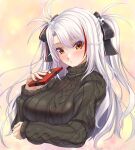  1girl alternate_costume aran_sweater arm_under_breasts azur_lane black_ribbon black_sweater box breasts cable_knit gekato gift gift_box hair_ribbon highres holding holding_box large_breasts long_hair looking_at_viewer multicolored_hair orange_eyes prinz_eugen_(azur_lane) red_hair ribbed_sweater ribbon simple_background solo sweater turtleneck turtleneck_sweater two-tone_hair white_hair 