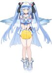  1girl angel_wings blue_archive blue_hair braid breasts cheerleader green_eyes halo highres large_breasts long_hair midriff mine_(blue_archive) miniskirt nemo_(leafnight) pointy_ears pom_pom_(cheerleading) skirt twin_braids two_side_up very_long_hair visor_cap wings 