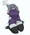  anthro big_breasts blush breasts clothing disney english_text eyewear female glasses hi_res legwear pace-maker panties solo sweater text thick_thighs thigh_highs topwear underwear violet_hopps zootopia 