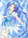  blue_background blue_dress blue_eyes blue_hair blush boots bracelet brooch choker crystal_earrings cure_diamond dokidoki!_precure dress earrings hair_ornament heart_brooch highres hishikawa_rikka jewelry long_hair looking_at_viewer md5_mismatch open_mouth precure resolution_mismatch shamu_(helix) smile source_smaller standing standing_on_one_leg tiara very_long_hair yellow_choker 