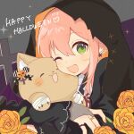  1boy absurdres ahoge androgynous black_cloak cat cloak ensemble_stars! flower green_eyes halloween halloween_costume happy_halloween highres himemiya_tori hood hood_up looking_at_viewer male_focus one_eye_closed open_mouth orange_flower orange_rose pink_hair rose short_hair solo yamanaka_hituzi 