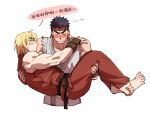  2boys bara black_hair blonde_hair blush blush_stickers carrying cropped_legs dougi flustered headband ken_masters large_pectorals male_focus multiple_boys muscular muscular_male pectorals princess_carry puckered_lips ryu_(street_fighter) short_hair street_fighter translation_request yaoi yuiofire 