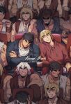  6+boys alternate_hair_color anger_vein bandaged_arm bandages bara black_hair black_sclera blonde_hair blood blood_on_face character_request clone colored_sclera dark-skinned_male dark_persona dark_skin dougi evil_smile headband highres injury ken_masters male_focus movie_theater multiple_boys muscular muscular_male pectoral_cleavage pectorals ryu_(street_fighter) short_hair sleeping smile street_fighter upper_body white_hair yuiofire 