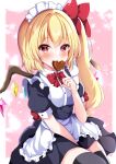  1girl absurdres alternate_costume apron black_dress blonde_hair bow bowtie candy chocolate dress enmaided flandre_scarlet food frilled_apron frills heart heart-shaped_chocolate highres looking_at_viewer maid maid_apron maid_headdress mouth_hold one_side_up pink_background puffy_short_sleeves puffy_sleeves red_bow red_bowtie red_eyes shirotsuki_shirone short_sleeves smile solo thighhighs touhou valentine waist_apron white_apron wings 