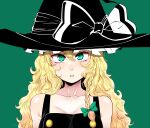  1girl adapted_costume alternate_costume alternate_eye_color amazon_(taitaitaira) arms_at_sides bangs black_headwear blonde_hair blush bow braid breasts cleavage collarbone expressionless eyelashes green_background green_eyes hair_between_eyes hat hat_bow hat_ribbon head_tilt highres kirisame_marisa long_hair looking_at_viewer naked_vest neck parted_lips pink_lips ribbon shiny_skin sidelocks simple_background single_braid solo touhou transparent_ribbon upper_body very_long_hair vest witch_hat 