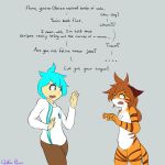  anthro blue_eyes blue_hair brown_hair claws_out clothing duo felid female flora_(twokinds) fur hair hi_res human keidran male mammal markings orange_body orange_fur pantherine striped_markings stripes tiger trace_legacy twokinds webcomic white_body white_fur wolfie-pawz yellow_eyes 