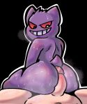  ambiguous_gender big_butt black_background black_eyes bodily_fluids butt duo first_person_view generation_1_pokemon gengar genitals ghost hi_res hot_dogging huge_butt human looking_back male mammal minty_(artist) nintendo nude penis pokemon pokemon_(species) purple_body red_sclera simple_background smile spirit steam sweat sweatdrop tan_body tan_skin thick_thighs wide_hips 