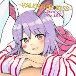  1girl :d animal_ears bangs blush close-up ginnkei head_rest heart heart_tattoo highres hood hoodie looking_at_viewer portrait rabbit_ears red_eyes reisen_udongein_inaba simple_background smile solo striped sweater tattoo touhou translation_request upper_body valentine white_background 