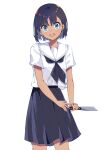  1girl absurdres bangs black_hair black_neckerchief blue_eyes cowboy_shot hanamizuki_yuuki highres holding holding_knife holding_weapon knife kofune_mio looking_at_viewer neckerchief open_mouth sailor_collar school_uniform serafuku shirt short_hair short_sleeves simple_background smile solo summertime_render weapon white_background white_sailor_collar white_shirt 